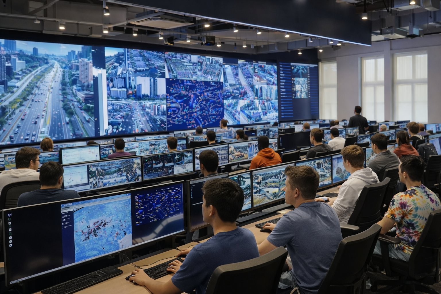 CFTV profissional com câmeras e monitores